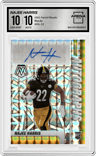 Najee Harris from the 2021 Panini Mosaic set graded by Arena Club and given an overall grade of 10.