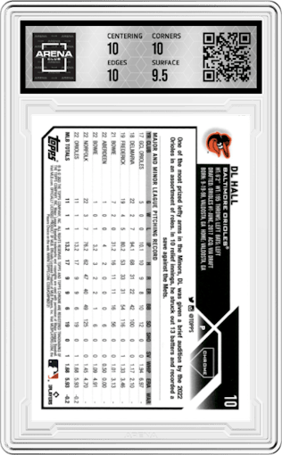 DL Hall from the 2023 Topps Chrome set featuring a Aqua Refractor parallel graded by Arena Club and given an overall grade of 10.