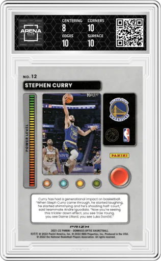 Stephen Curry from the 2021-22 Panini Donruss Optic set featuring a Purple parallel graded by Arena Club and given an overall grade of 8.5.