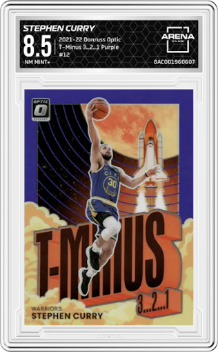 Stephen Curry from the 2021-22 Panini Donruss Optic set featuring a Purple parallel graded by Arena Club and given an overall grade of 8.5.