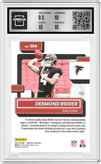 Desmond Ridder from the 2022 Panini Donruss set featuring a Press Proof Yellow parallel graded by Arena Club and given an overall grade of 10.