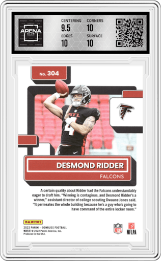 Desmond Ridder from the 2022 Panini Donruss set featuring a Press Proof Yellow parallel graded by Arena Club and given an overall grade of 10.