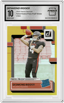 Desmond Ridder from the 2022 Panini Donruss set featuring a Press Proof Yellow parallel graded by Arena Club and given an overall grade of 10.