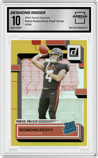 Desmond Ridder from the 2022 Panini Donruss set featuring a Press Proof Yellow parallel graded by Arena Club and given an overall grade of 10.
