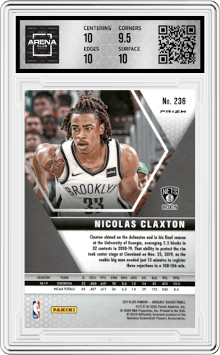 Nicolas Claxton from the 2019-20 Panini Mosaic  set featuring a Silver parallel graded by Arena Club and given an overall grade of 10.