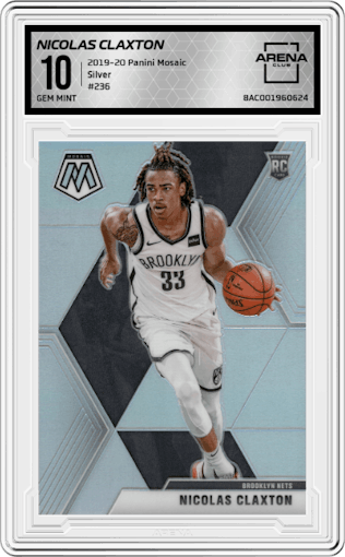 Nicolas Claxton from the 2019-20 Panini Mosaic  set featuring a Silver parallel graded by Arena Club and given an overall grade of 10.