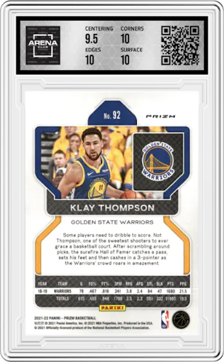 Klay Thompson from the 2021-22 Panini Prizm  set featuring a NBA 75th Prizm parallel graded by Arena Club and given an overall grade of 10.