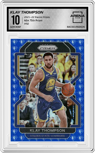 Klay Thompson from the 2021-22 Panini Prizm  set featuring a NBA 75th Prizm parallel graded by Arena Club and given an overall grade of 10.