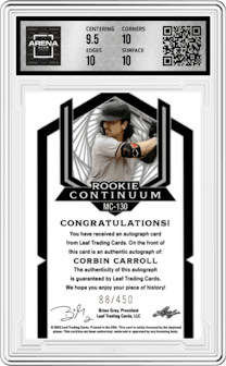 Corbin Carroll from the 2023 Leaf Metal Continuum Multi-Sport set graded by Arena Club and given an overall grade of 10.