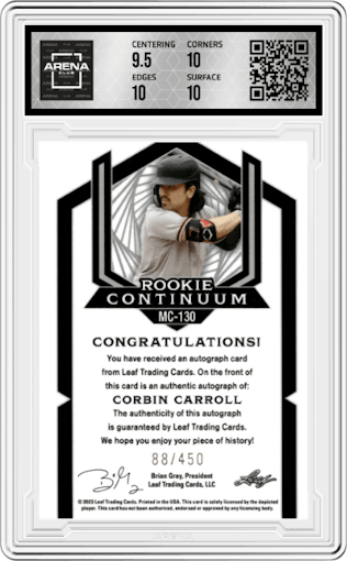 Corbin Carroll from the 2023 Leaf Metal Continuum Multi-Sport set graded by Arena Club and given an overall grade of 10.