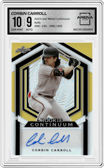 Corbin Carroll from the 2023 Leaf Metal Continuum Multi-Sport set graded by Arena Club and given an overall grade of 10.