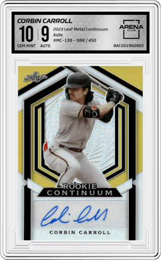 Corbin Carroll from the 2023 Leaf Metal Continuum Multi-Sport set graded by Arena Club and given an overall grade of 10.
