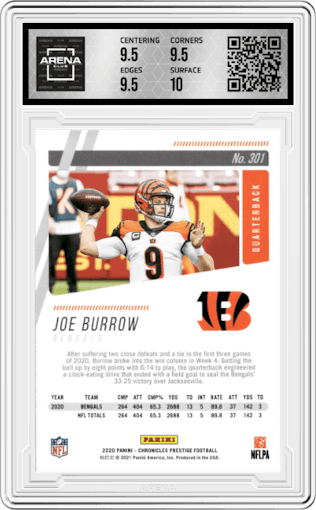 Joe Burrow from the 2020 Panini Chronicles set graded by Arena Club and given an overall grade of 10.