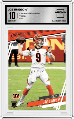 Joe Burrow from the 2020 Panini Chronicles set graded by Arena Club and given an overall grade of 10.