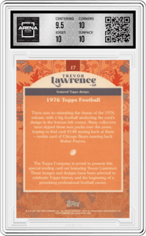 Trevor Lawrence from the 2021 Topps X Trevor Lawrence set featuring a Blue parallel graded by Arena Club and given an overall grade of 10.
