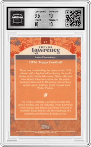 Trevor Lawrence from the 2021 Topps X Trevor Lawrence set featuring a Blue parallel graded by Arena Club and given an overall grade of 10.