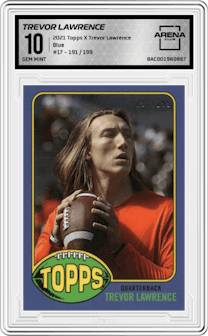 Trevor Lawrence from the 2021 Topps X Trevor Lawrence set featuring a Blue parallel graded by Arena Club and given an overall grade of 10.