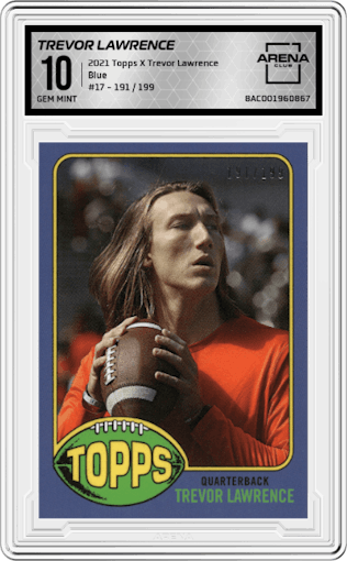 Trevor Lawrence from the 2021 Topps X Trevor Lawrence set featuring a Blue parallel graded by Arena Club and given an overall grade of 10.