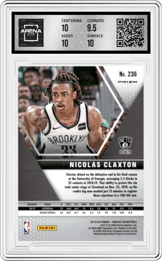 Nicolas Claxton from the 2019-20 Panini Mosaic  set featuring a Gold Wave parallel graded by Arena Club and given an overall grade of 10.