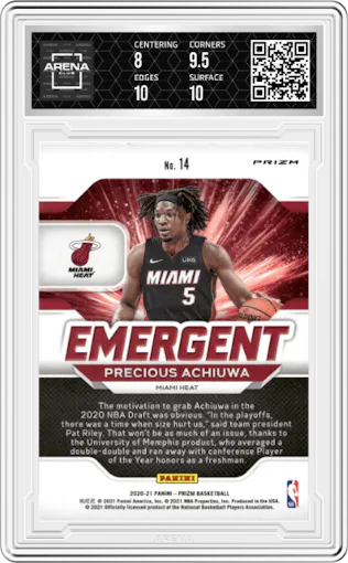 Precious Achiuwa from the 2020-21 Panini Prizm set featuring a Silver Prizm parallel graded by Arena Club and given an overall grade of 8.5.