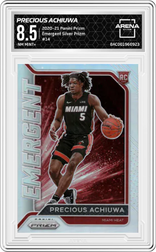 Precious Achiuwa from the 2020-21 Panini Prizm set featuring a Silver Prizm parallel graded by Arena Club and given an overall grade of 8.5.