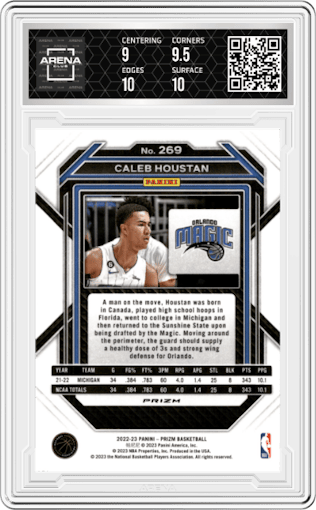 Caleb Houstan from the 2022-23 Panini Prizm  set featuring a Silver Prizm parallel graded by Arena Club and given an overall grade of 9.5.