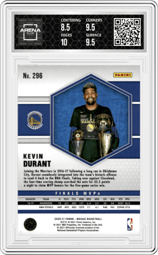 Kevin Durant from the 2020-21 Panini Mosaic set featuring a Silver parallel graded by Arena Club and given an overall grade of 9.