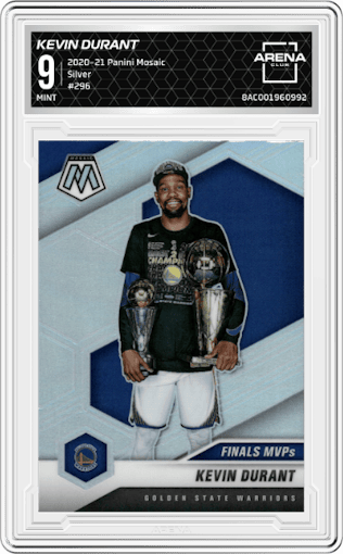 Kevin Durant from the 2020-21 Panini Mosaic set featuring a Silver parallel graded by Arena Club and given an overall grade of 9.