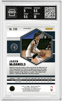 Jaden McDaniels from the 2020-21 Panini Mosaic set featuring a Red Wave parallel graded by Arena Club and given an overall grade of 9.5.