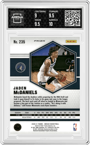 Jaden McDaniels from the 2020-21 Panini Mosaic set featuring a Red Wave parallel graded by Arena Club and given an overall grade of 9.5.