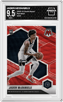 Jaden McDaniels from the 2020-21 Panini Mosaic set featuring a Red Wave parallel graded by Arena Club and given an overall grade of 9.5.