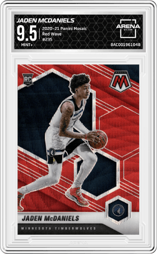 Jaden McDaniels from the 2020-21 Panini Mosaic set featuring a Red Wave parallel graded by Arena Club and given an overall grade of 9.5.