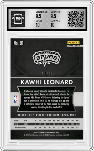 Kawhi Leonard from the 2015-16 Panini Prizm  set featuring a Ruby Wave parallel graded by Arena Club and given an overall grade of 10.