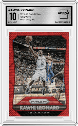 Kawhi Leonard from the 2015-16 Panini Prizm  set featuring a Ruby Wave parallel graded by Arena Club and given an overall grade of 10.