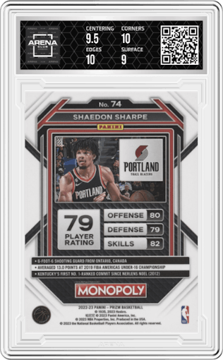 Shaedon Sharpe from the 2022-23 Panini Prizm Monopoly set graded by Arena Club and given an overall grade of 9.5.