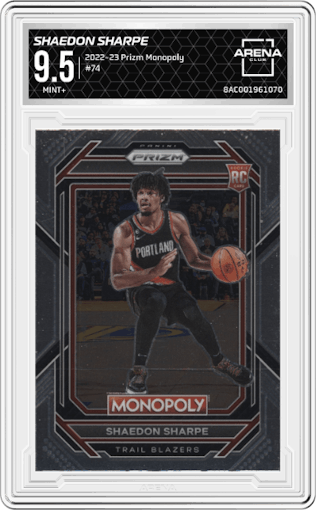 Shaedon Sharpe from the 2022-23 Panini Prizm Monopoly set graded by Arena Club and given an overall grade of 9.5.
