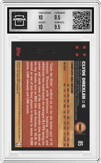 Clyde Drexler from the 2007-08 Topps Chrome set featuring a Refractor parallel graded by Arena Club and given an overall grade of 10.