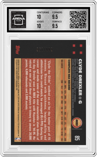 Clyde Drexler from the 2007-08 Topps Chrome set featuring a Refractor parallel graded by Arena Club and given an overall grade of 10.