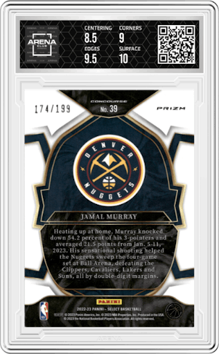 Jamal Murray from the 2022-23 Panini Select set featuring a Red Prizm parallel graded by Arena Club and given an overall grade of 9.