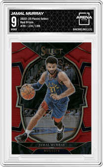 Jamal Murray from the 2022-23 Panini Select set featuring a Red Prizm parallel graded by Arena Club and given an overall grade of 9.