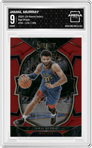 Jamal Murray from the 2022-23 Panini Select set featuring a Red Prizm parallel graded by Arena Club and given an overall grade of 9.