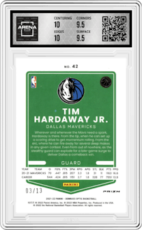 Tim Hardaway Jr. from the 2021-22 Panini Donruss Optic set featuring a Purple Stars FOTL parallel graded by Arena Club and given an overall grade of 10.