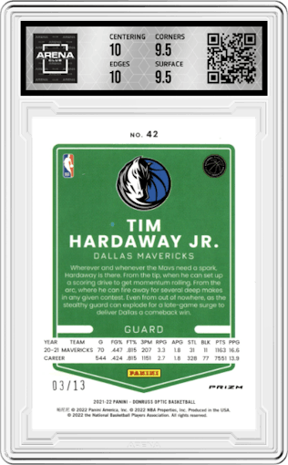 Tim Hardaway Jr. from the 2021-22 Panini Donruss Optic set featuring a Purple Stars FOTL parallel graded by Arena Club and given an overall grade of 10.