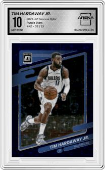 Tim Hardaway Jr. from the 2021-22 Panini Donruss Optic set featuring a Purple Stars FOTL parallel graded by Arena Club and given an overall grade of 10.