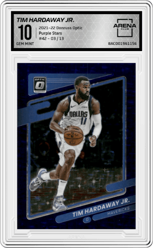 Tim Hardaway Jr. from the 2021-22 Panini Donruss Optic set featuring a Purple Stars FOTL parallel graded by Arena Club and given an overall grade of 10.