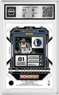 Christian Wood from the 2022-23 Panini Prizm Monopoly set featuring a Gold Money Shimmer parallel graded by Arena Club and given an overall grade of 10.