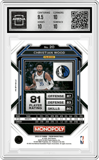 Christian Wood from the 2022-23 Panini Prizm Monopoly set featuring a Gold Money Shimmer parallel graded by Arena Club and given an overall grade of 10.