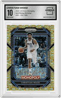 Christian Wood from the 2022-23 Panini Prizm Monopoly set featuring a Gold Money Shimmer parallel graded by Arena Club and given an overall grade of 10.