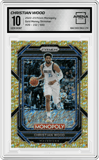 Christian Wood from the 2022-23 Panini Prizm Monopoly set featuring a Gold Money Shimmer parallel graded by Arena Club and given an overall grade of 10.