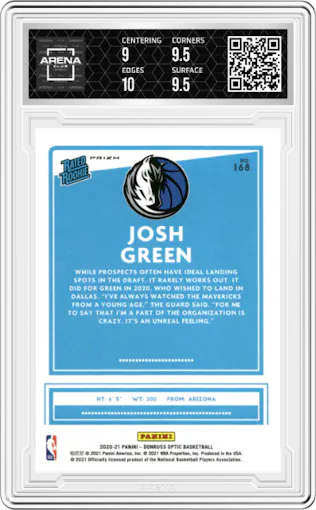 Josh Green from the 2020-21 Panini Donruss Optic set featuring a Holo parallel graded by Arena Club and given an overall grade of 9.5.